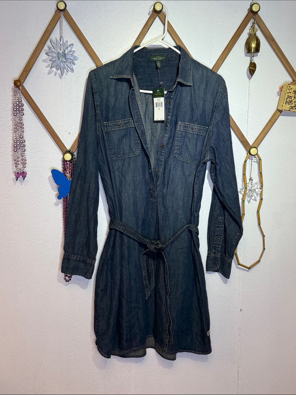 Ralph Lauren Indigo Denim Long-Sleeve Shirt Dress with Tie Waist